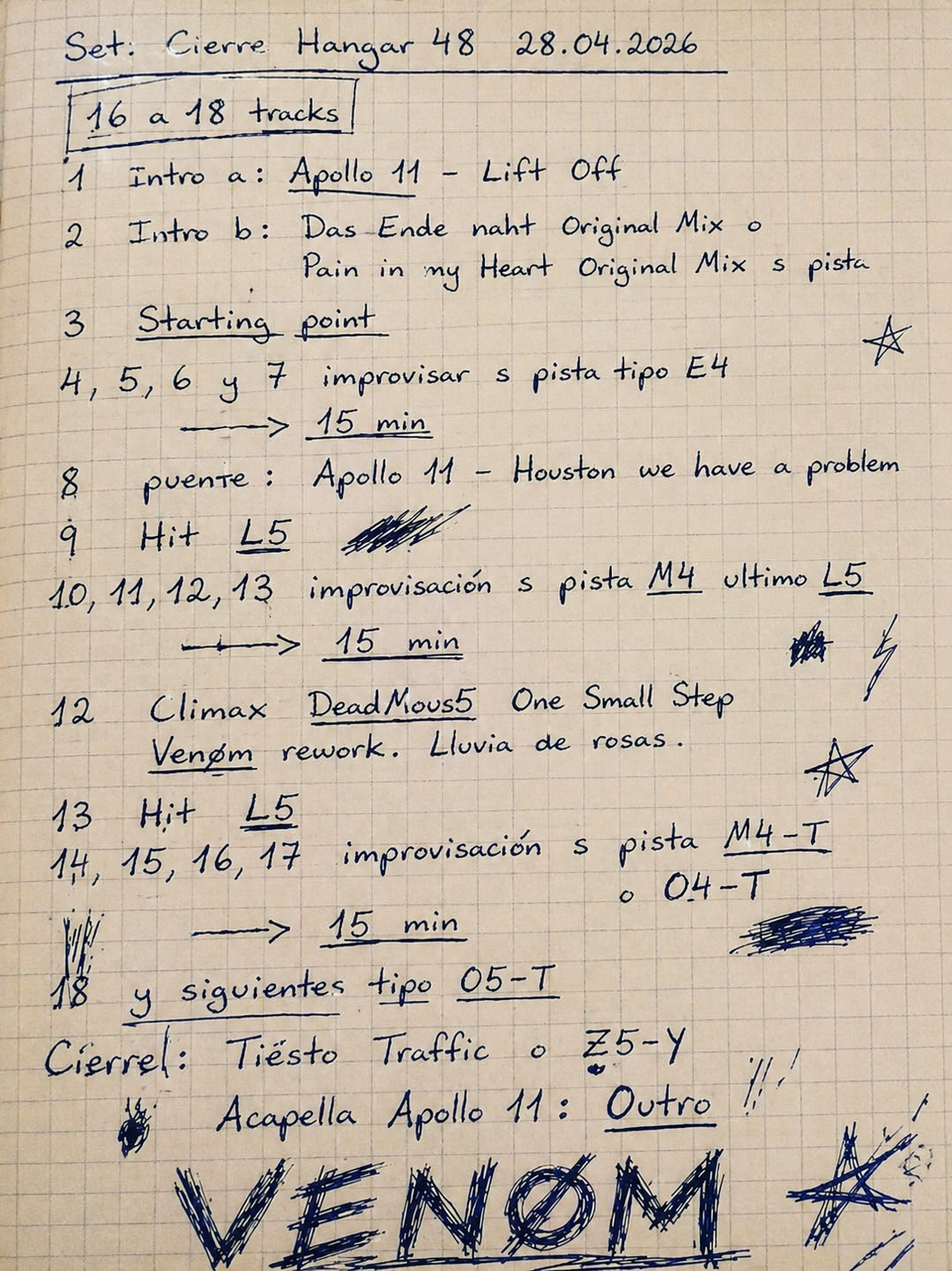 Setlist original manuscrito por VENØM para el cierre de Apollo 11